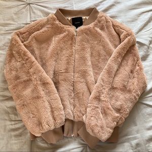 Beige Faux Fur Bomber Jacket